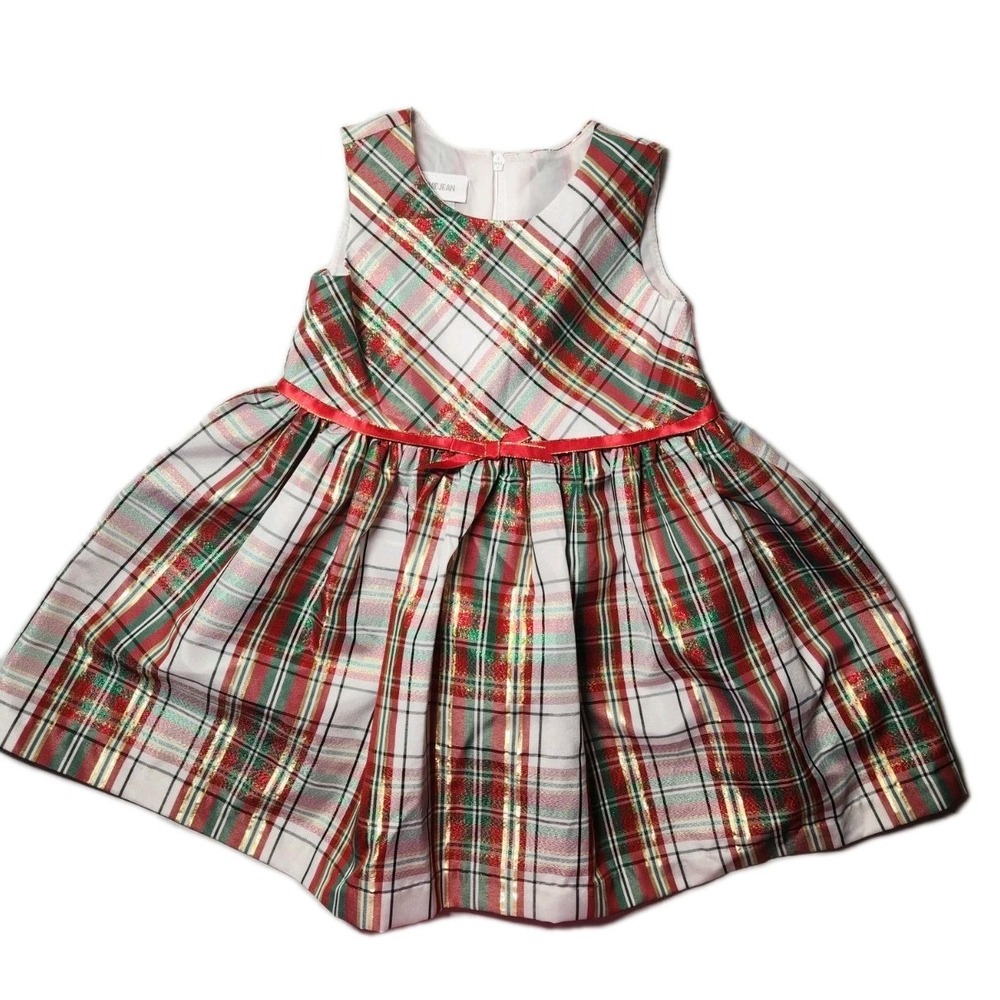 Bonnie Jean 2T Red Plaid Gold Christmas party dress W/ Red Satin Ribbon‎ Bow
